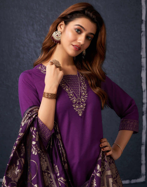 Sudathi Wine Cotton Sequence Straight Kurta Set With Dupatta