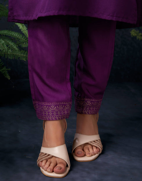 Sudathi Wine Cotton Sequence Straight Kurta Set With Dupatta