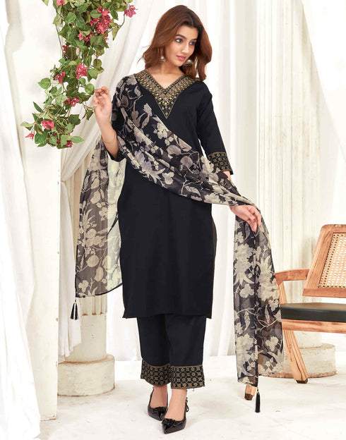 Sudathi Black Cotton Sequence Straight Kurta Set With Dupatta