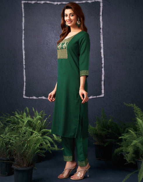 Sudathi Dark Green Cotton Sequence Straight Kurta Set With Dupatta