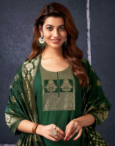 Sudathi Dark Green Cotton Sequence Straight Kurta Set With Dupatta