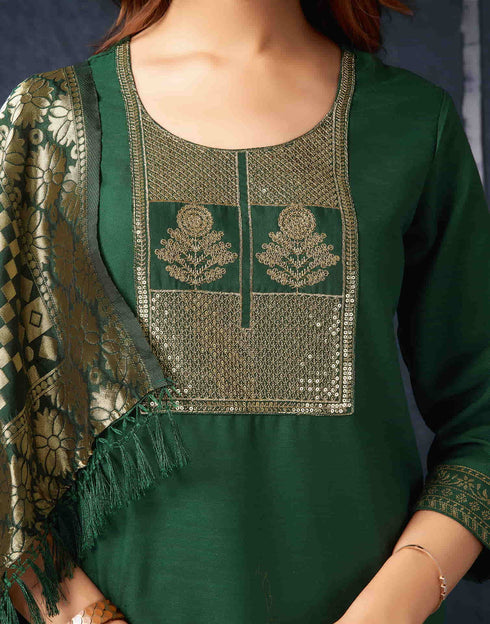 Sudathi Dark Green Cotton Sequence Straight Kurta Set With Dupatta