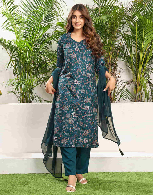 Sudathi Rama Green Cotton Printed Straight Kurta Set With Dupatta