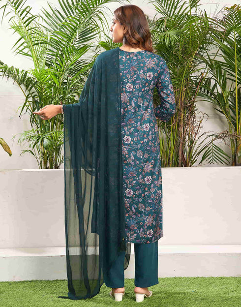 Sudathi Rama Green Cotton Printed Straight Kurta Set With Dupatta