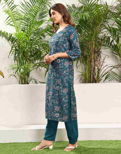 Sudathi Rama Green Cotton Printed Straight Kurta Set With Dupatta