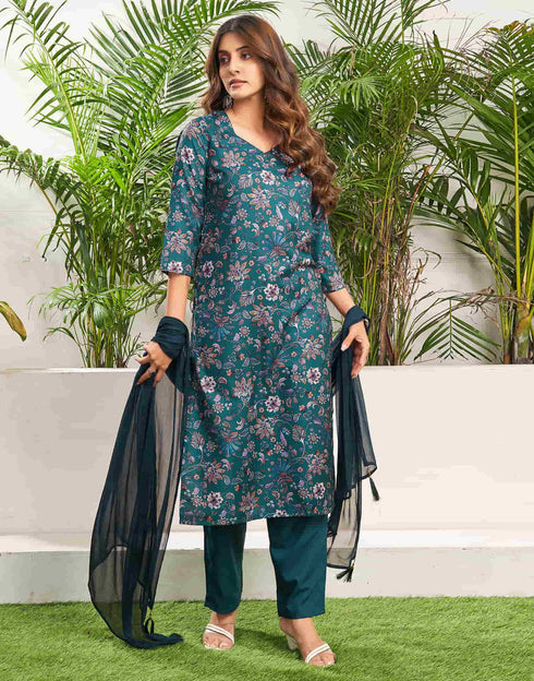 Sudathi Rama Green Cotton Printed Straight Kurta Set With Dupatta