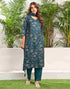 Sudathi Rama Green Cotton Printed Straight Kurta Set With Dupatta