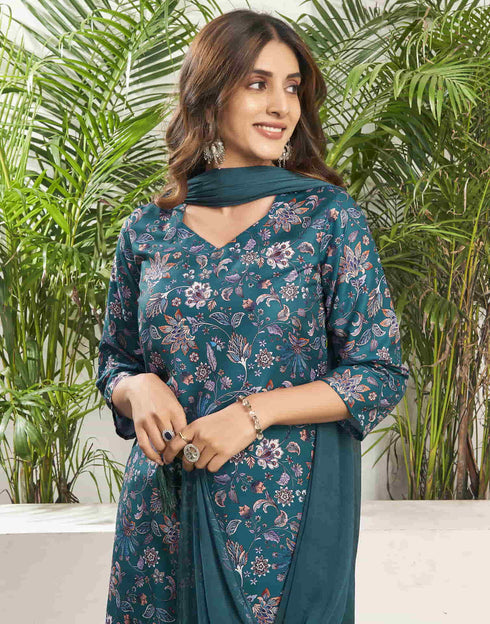 Sudathi Rama Green Cotton Printed Straight Kurta Set With Dupatta
