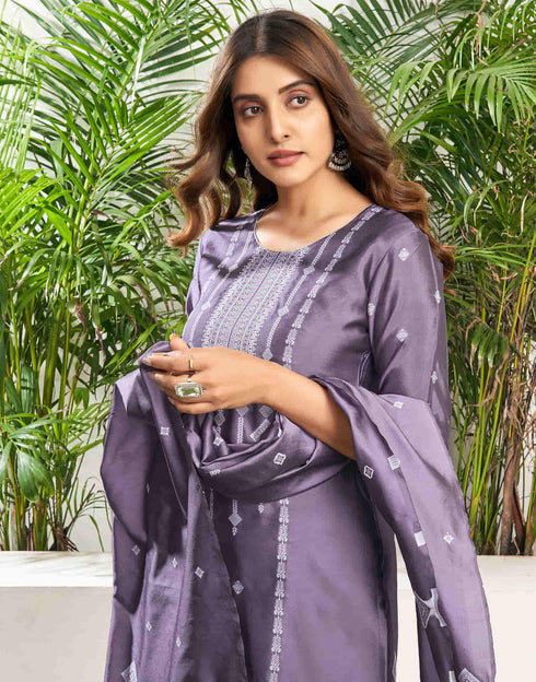 Sudathi Dusty Purple Silk Plain Straight Kurta Set With Dupatta
