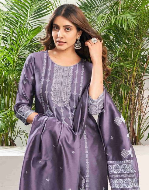 Sudathi Dusty Purple Silk Plain Straight Kurta Set With Dupatta