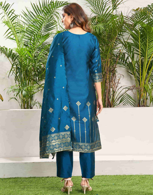 Sudathi Teal Blue Silk Plain Straight Kurta Set With Dupatta