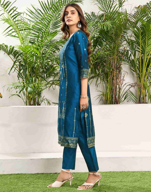 Sudathi Teal Blue Silk Plain Straight Kurta Set With Dupatta