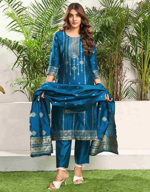 Sudathi Teal Blue Silk Plain Straight Kurta Set With Dupatta