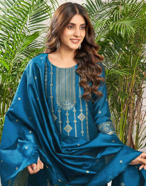 Sudathi Teal Blue Silk Plain Straight Kurta Set With Dupatta