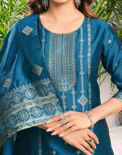 Sudathi Teal Blue Silk Plain Straight Kurta Set With Dupatta