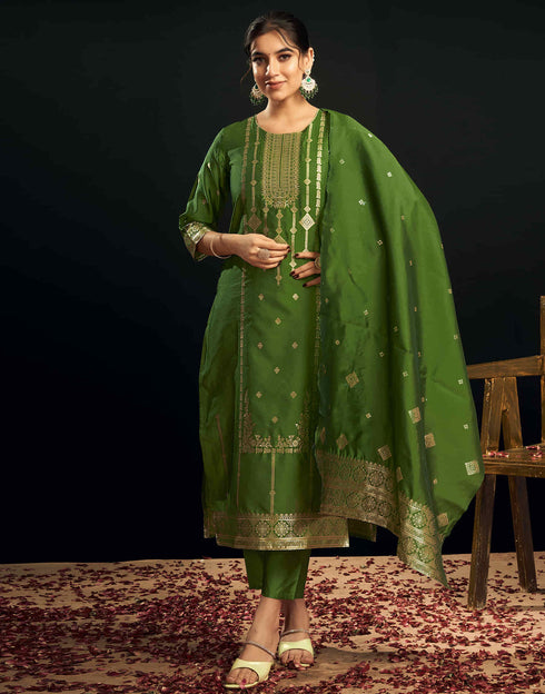 Sudathi Green And Golden Silk Plain Straight Kurta Set With Dupatta