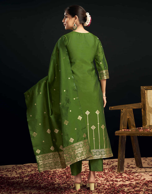 Sudathi Green And Golden Silk Plain Straight Kurta Set With Dupatta