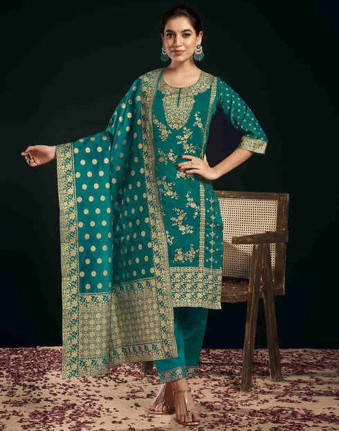 Sudathi Teal Green And Golden Silk Plain Straight Kurta Set With Dupatta