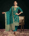 Sudathi Teal Green And Golden Silk Plain Straight Kurta Set With Dupatta
