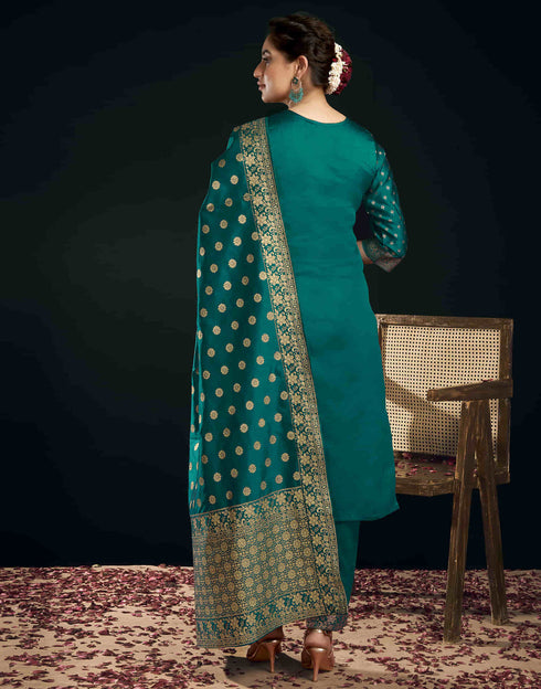 Sudathi Teal Green And Golden Silk Plain Straight Kurta Set With Dupatta