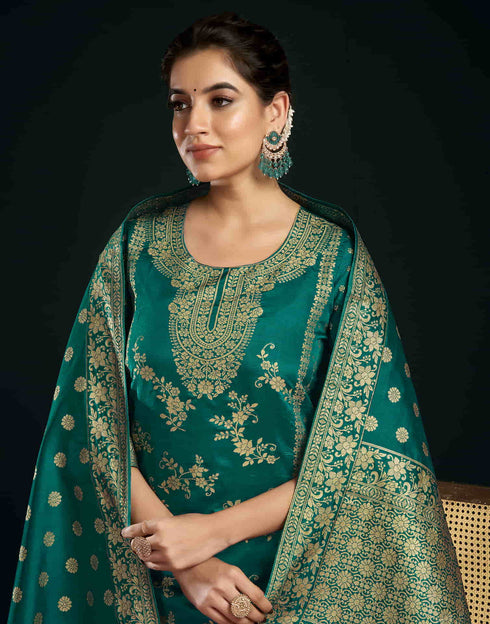 Sudathi Teal Green And Golden Silk Plain Straight Kurta Set With Dupatta