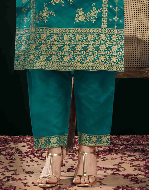 Sudathi Teal Green And Golden Silk Plain Straight Kurta Set With Dupatta