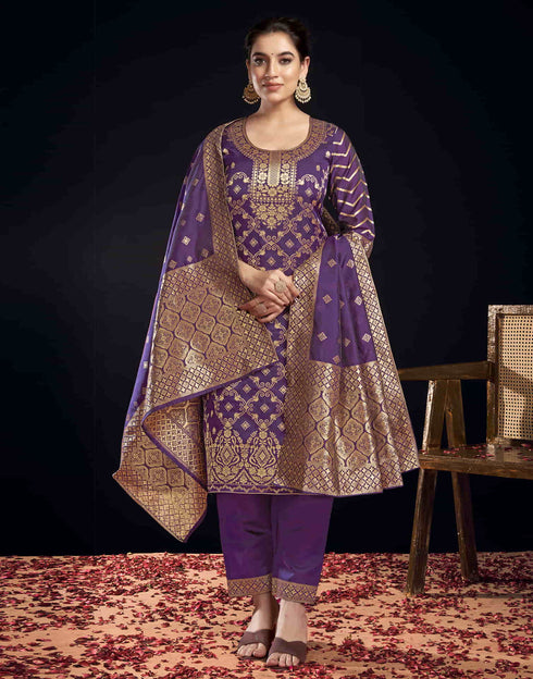 Sudathi Wine Silk Woven Straight Kurta Set With Dupatta