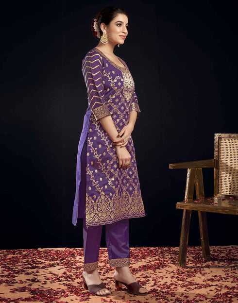 Sudathi Wine Silk Woven Straight Kurta Set With Dupatta