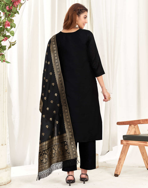 Sudathi Black And Golden Silk Plain Straight Kurta Set With Dupatta