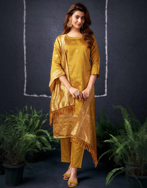 Sudathi Mustrad Yellow And Golden Silk Plain Straight Kurta Set With Dupatta
