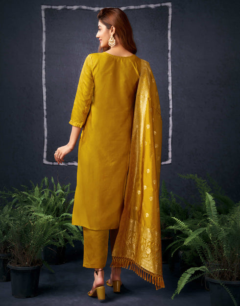 Sudathi Mustrad Yellow And Golden Silk Plain Straight Kurta Set With Dupatta