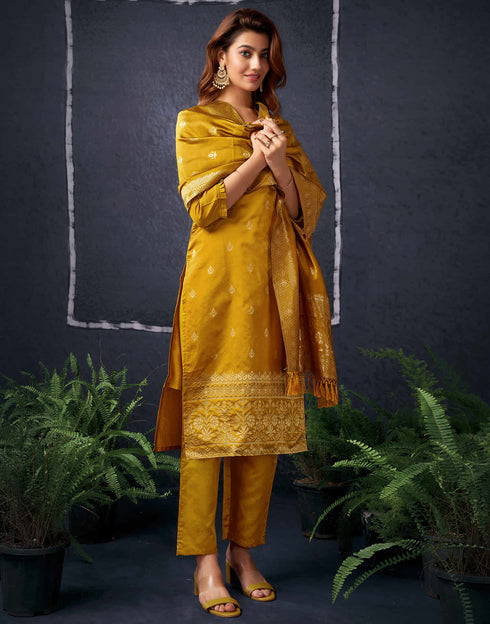 Sudathi Mustrad Yellow And Golden Silk Plain Straight Kurta Set With Dupatta