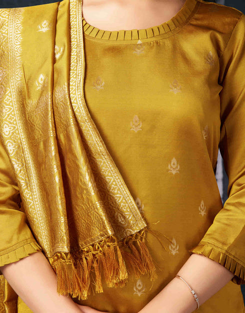Sudathi Mustrad Yellow And Golden Silk Plain Straight Kurta Set With Dupatta