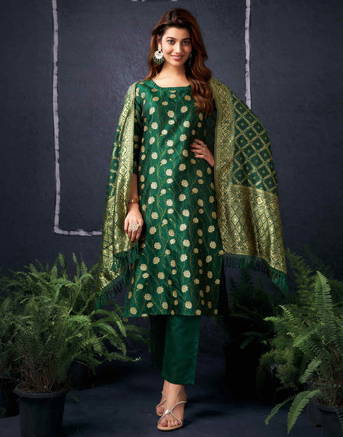 Sudathi Dark Green And Golden Silk Plain Straight Kurta Set With Dupatta