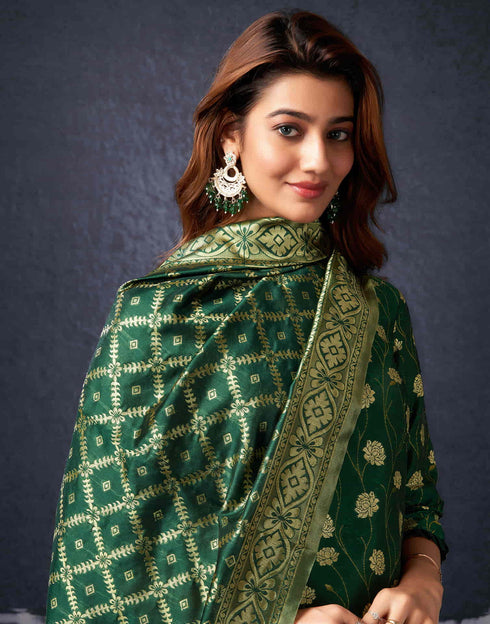 Sudathi Dark Green And Golden Silk Plain Straight Kurta Set With Dupatta