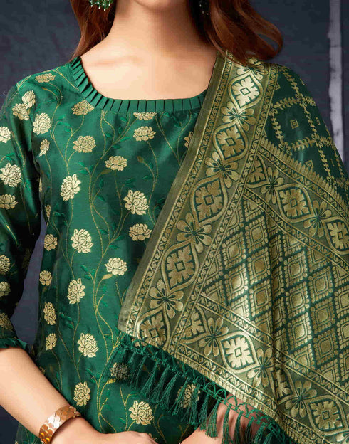 Sudathi Dark Green And Golden Silk Plain Straight Kurta Set With Dupatta