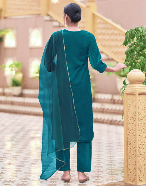 Sudathi Rama Blue Velvet Sequence Straight Kurta Set With Dupatta