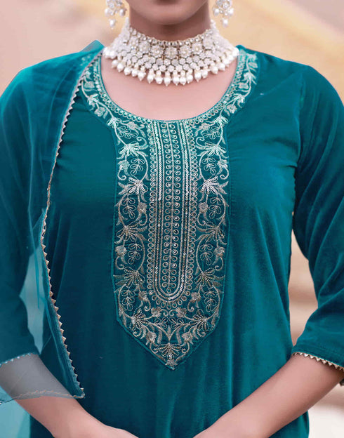 Sudathi Rama Blue Velvet Sequence Straight Kurta Set With Dupatta