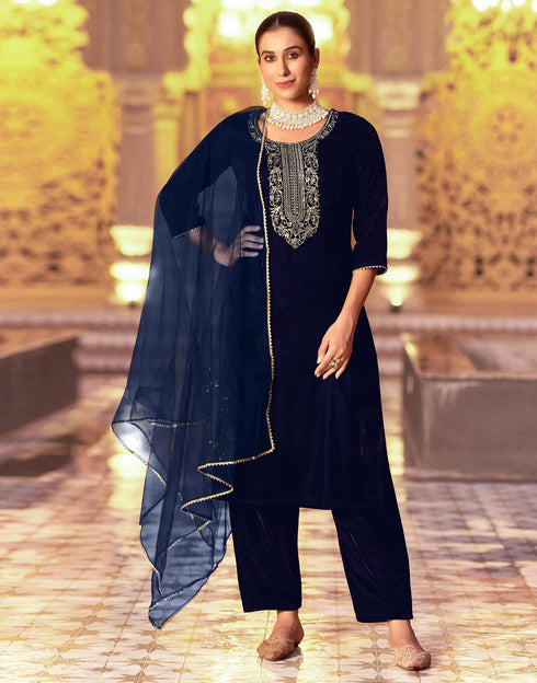 Sudathi Navy Blue Velvet Sequence Straight Kurta Set With Dupatta