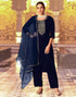 Sudathi Navy Blue Velvet Sequence Straight Kurta Set With Dupatta