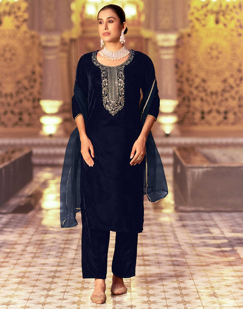 Sudathi Navy Blue Velvet Sequence Straight Kurta Set With Dupatta