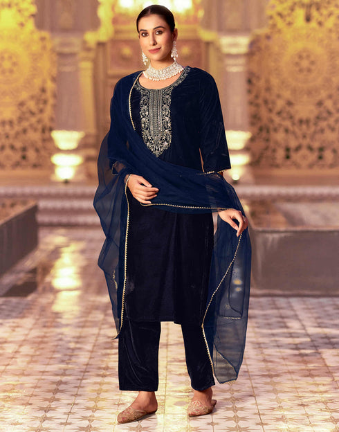 Sudathi Navy Blue Velvet Sequence Straight Kurta Set With Dupatta