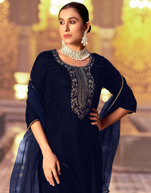 Sudathi Navy Blue Velvet Sequence Straight Kurta Set With Dupatta