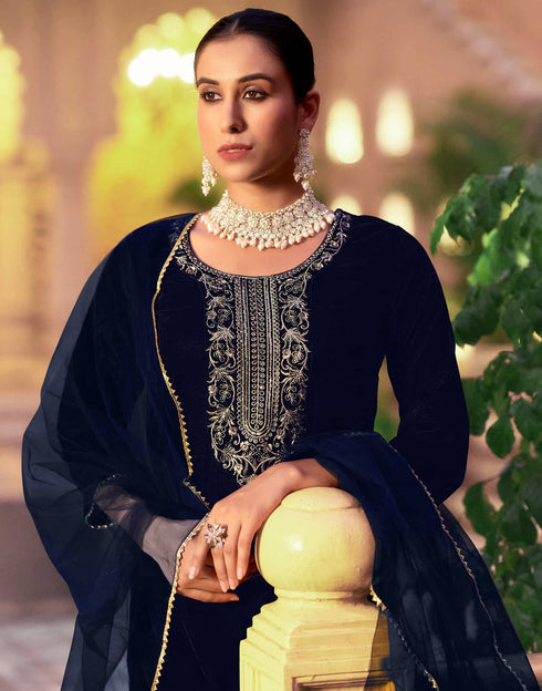 Sudathi Navy Blue Velvet Sequence Straight Kurta Set With Dupatta