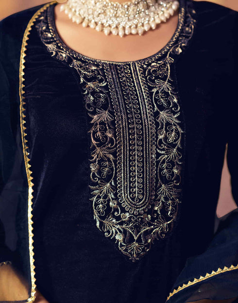 Sudathi Navy Blue Velvet Sequence Straight Kurta Set With Dupatta