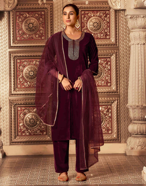 Sudathi Maroon Velvet Sequence Straight Kurta Set With Dupatta