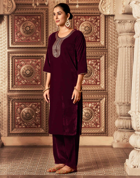 Sudathi Maroon Velvet Sequence Straight Kurta Set With Dupatta