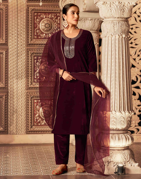 Sudathi Maroon Velvet Sequence Straight Kurta Set With Dupatta