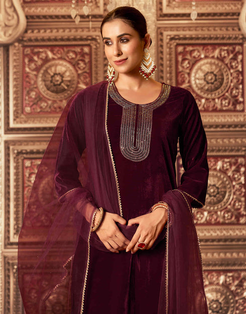 Sudathi Maroon Velvet Sequence Straight Kurta Set With Dupatta