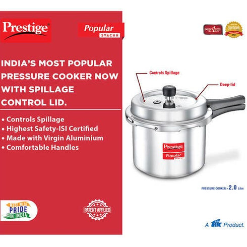 Prestige Popular Svachh Virgin Aluminium Gas And Induction Compatible Pressure Cooker Silver 2 L